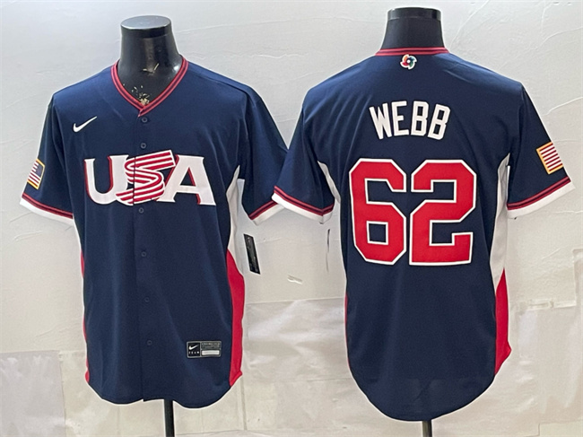 Men's USA Baseball #62 Logan Webb Navy 2026 World Baseball Classic Road Stadium Stitched Jersey