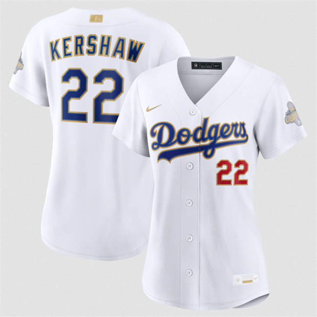 Women's Los Angeles Dodgers #22 Clayton Kershaw White 2026 Gold Collection Stadium Stitched Baseball Jersey(Run Small)