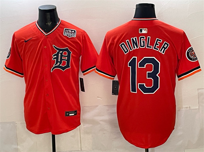 Men's Detroit Tigers #13 Dillon Dingler Orange 2026 Alternate USA 250' Patch Vapor Premier Limited Stitched Baseball Jersey