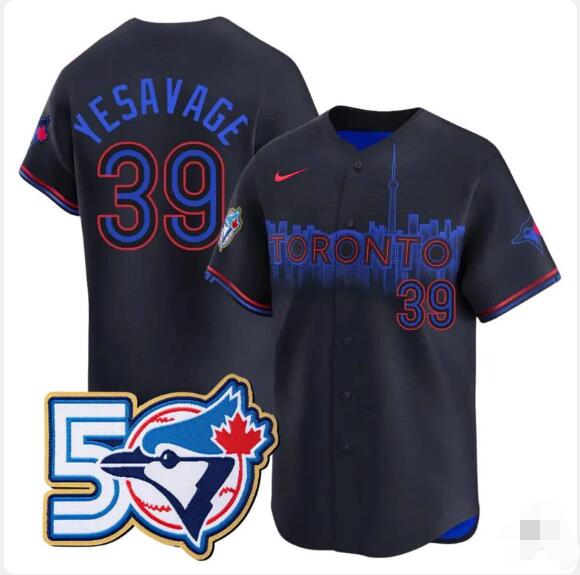 Men's Toronto Blue Jays #39 Trey Yesavage 50th Season Patch Navy 2024 City Connect Limited Stitched Baseball Jersey