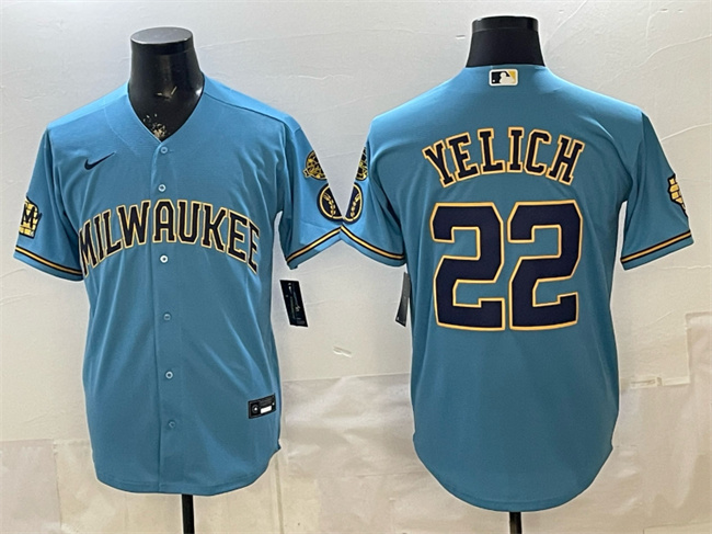 Men's Milwaukee Brewers #22 Christian Yelich Blue With Home & Bob Uecker Patch Stitched Baseball Jersey