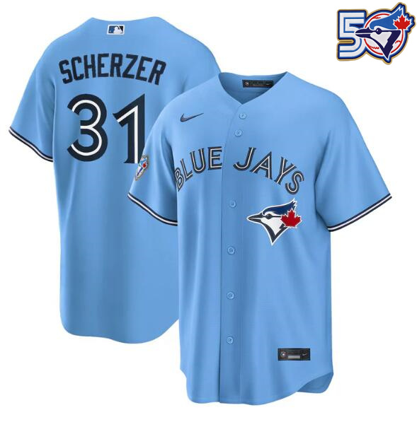 Men's Max Scherzer 50th Anniversary #31 Toronto Blue Jays MLB Nike Powder Blue Replica Jersey