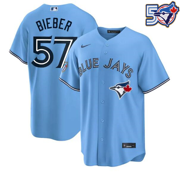 Men's Shane Bieber 50th Anniversary #57 Toronto Blue Jays MLB Nike Powder Blue Replica Jersey