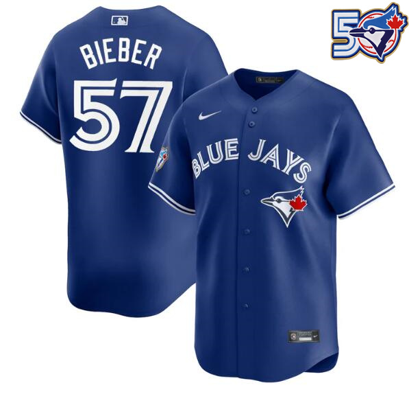 Men's Shane Bieber 50th Anniversary #57 Toronto Blue Jays MLB Nike Royal Alternate Replica Jersey