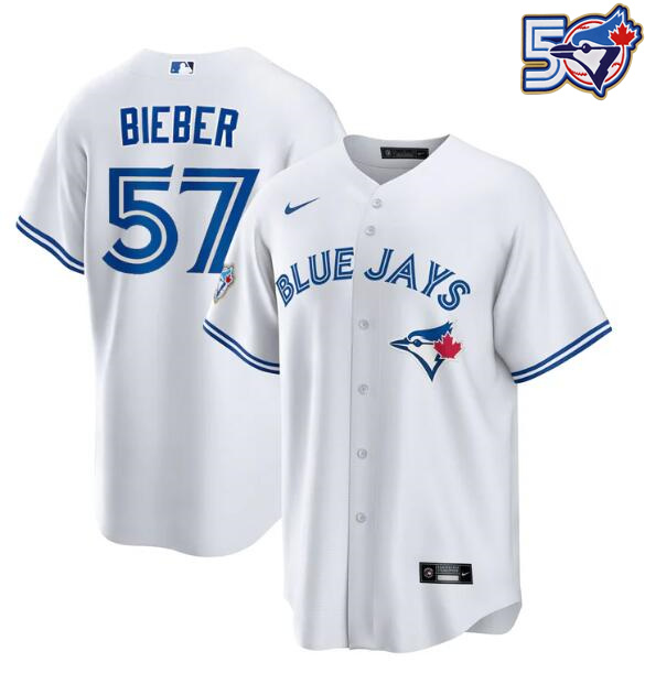 Men's Shane Bieber 50th Anniversary #57 Toronto Blue Jays MLB Nike White Home Replica Jersey