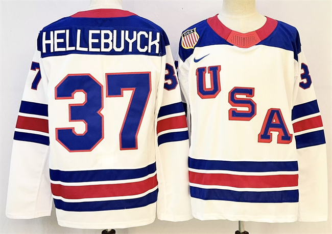 Men's USA #37 Connor Hellebuyck White 2025-2026 Stitched Jersey
