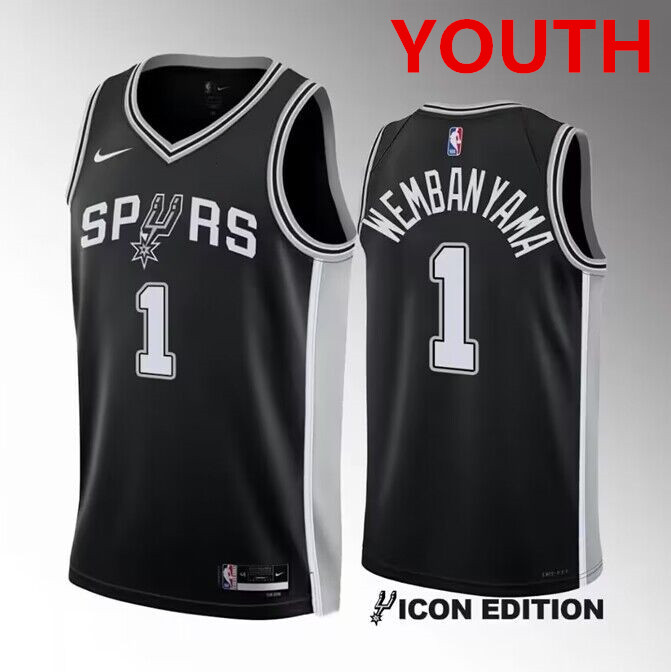 Youth San antonio spurs #1 victor wembanyama black icon edition stitched basketball jersey