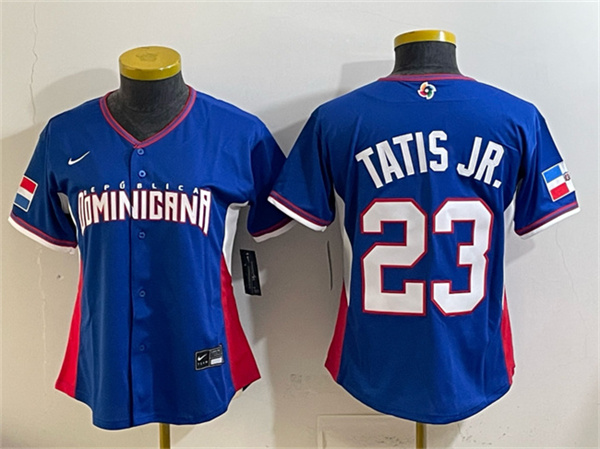 Youth Dominican Republic Baseball #23 Fernando Tatis Jr. Royal 2026 World Baseball Classic Road Stadium Stitched Baseball Jersey
