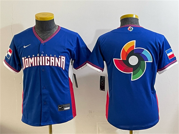Youth Dominican Republic Baseball Royal 2026 World Baseball Classic Big Logo Road Stadium Stitched Baseball Jersey