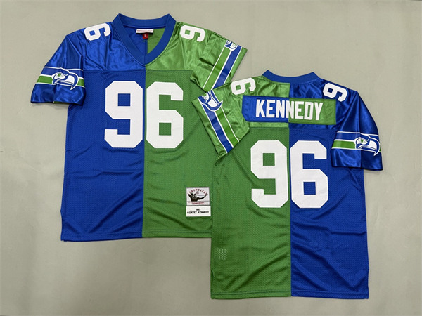 Men's Seattle Seahawks #96 Cortez Kennedy Blue Green Split Throwback Football Stitched Jersey