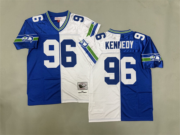 Men's Seattle Seahawks #96 Cortez Kennedy Blue White Split Throwback Football Stitched Jersey