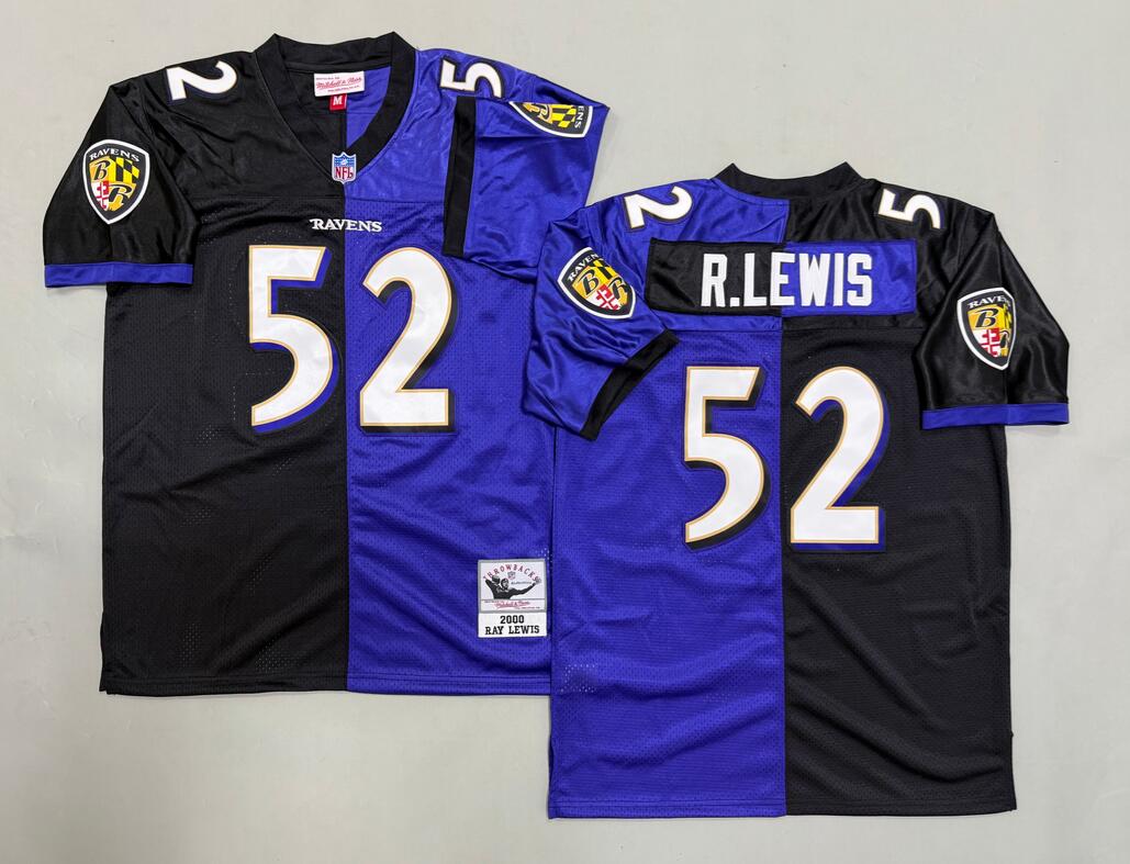 Men's Baltimore Ravens #52 Ray Lewis Black Purple Split Throwback 2000 Jersey