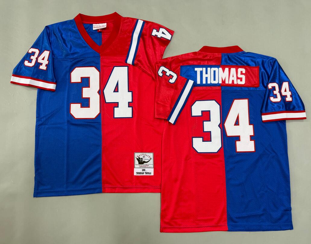 Men's Buffalo Bills #34 Thurman Thomas Blue Red Split Throwback 1990 Jersey