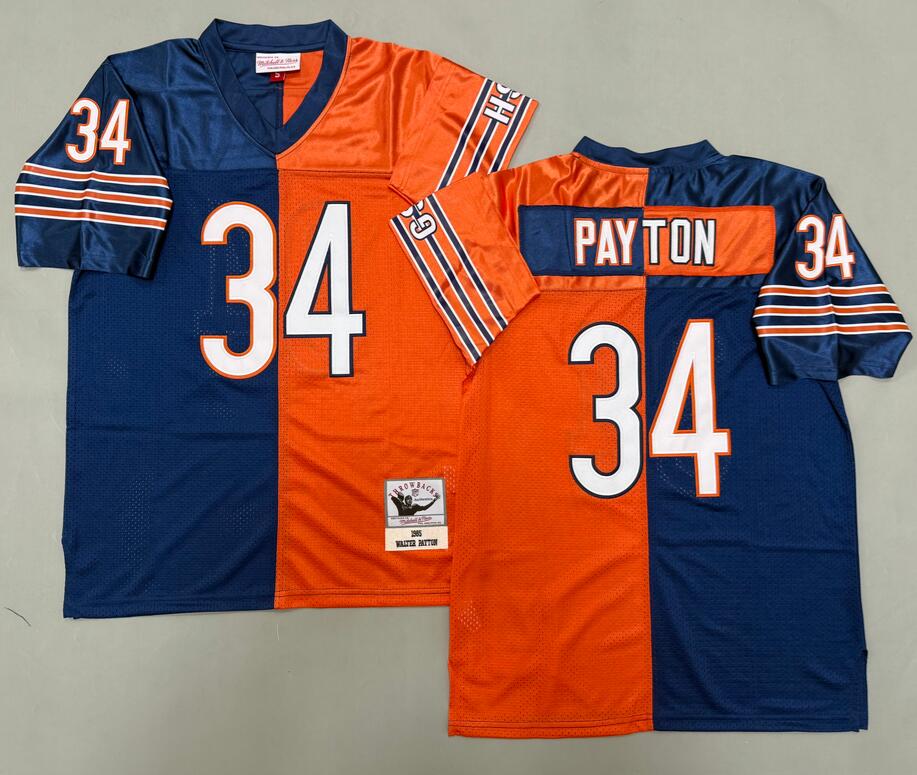 Men's Chicago Bears #34 Walter Payton Navy Blue Orange Split Throwback 1985 Mitchell & Ness Jersey