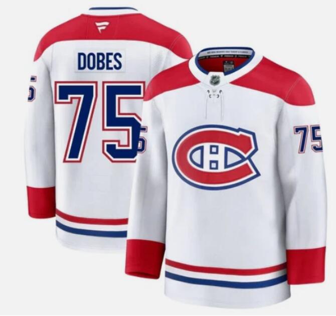 Men's Montreal Canadiens #75 Jakub Dobes Away White Premium Fanatics Jersey