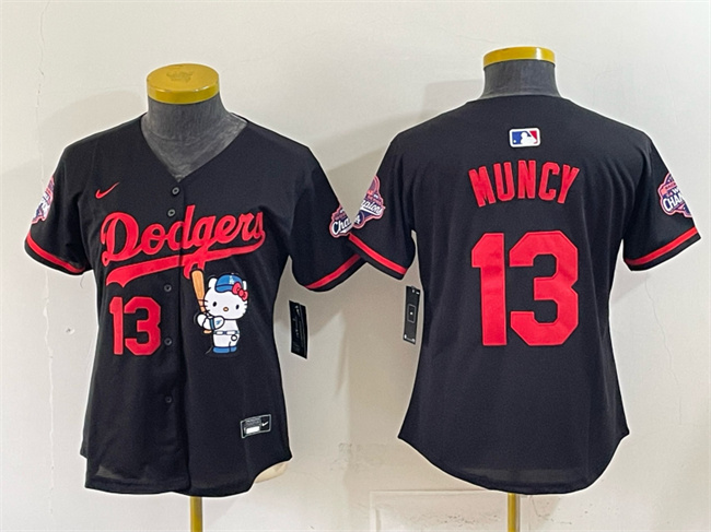 Women's Los Angeles Dodgers #13 Max Muncy Black Hello Kitty Night 2025 World Series Champions Patch Stitched Baseball Jersey(Run Small)