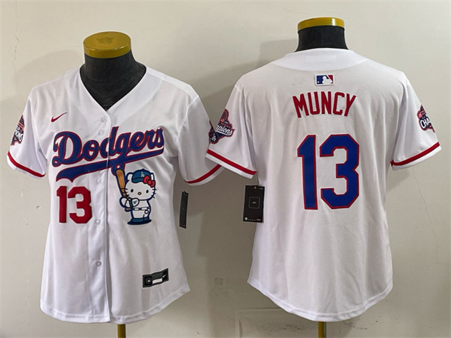 Women's Los Angeles Dodgers #13 Max Muncy White Hello Kitty Night 2025 World Series Champions Patch Stitched Baseball Jersey(Run Small)