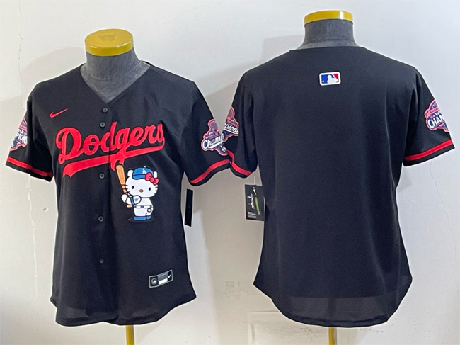 Women's Los Angeles Dodgers Blank Black Hello Kitty Night 2025 World Series Champions Patch Stitched Baseball Jersey(Run Small)