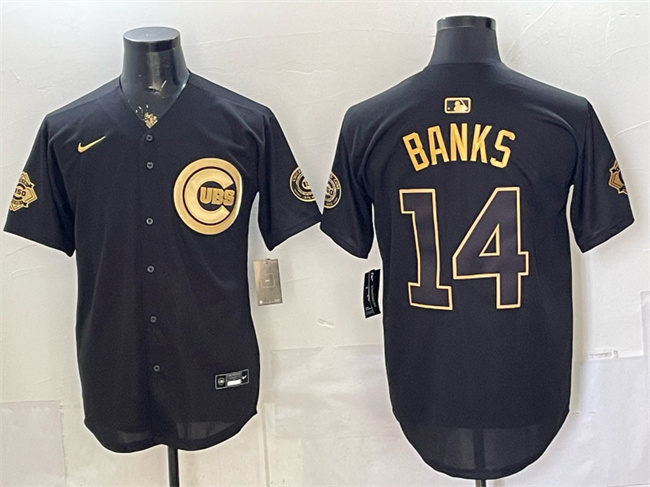 Men's Chicago Cubs #14 Ernie Banks Black Gold 150th Anniversary Patch Stitched Baseball Jersey