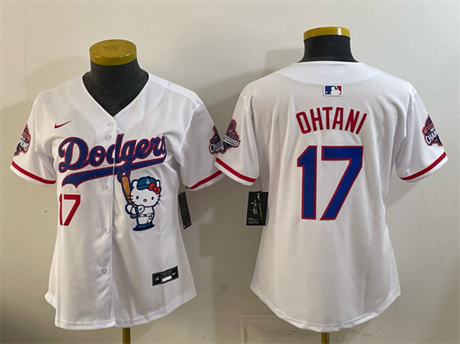 Women's Los Angeles Dodgers #17 Shohei Ohtani White Hello Kitty Night 2025 World Series Champions Patch Stitched Baseball Jersey(Run Small)