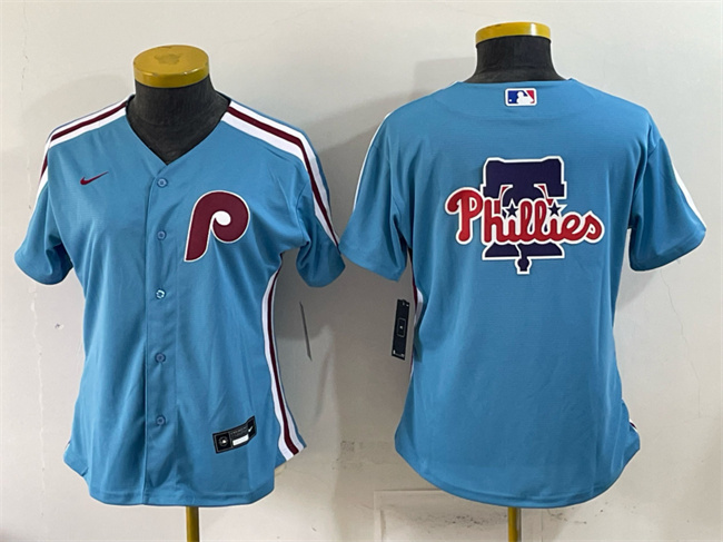 Women's Philadelphia Phillies Team Big Logo Blue Stitched Baseball Jersey(Run Small)