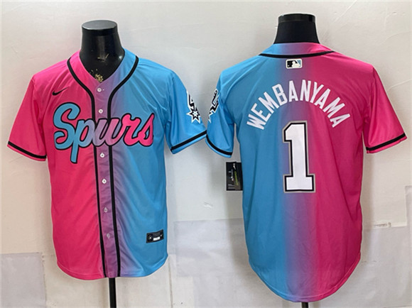 Men's San Antonio Spurs #1 Victor Wembanyama Pink Blue Limited Stitched Baseball Jersey