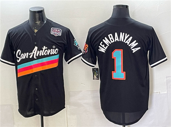 Men's San Antonio Spurs #1 Victor Wembanyama Black USA 250' Patch City Edition Stitched Baseball Jersey