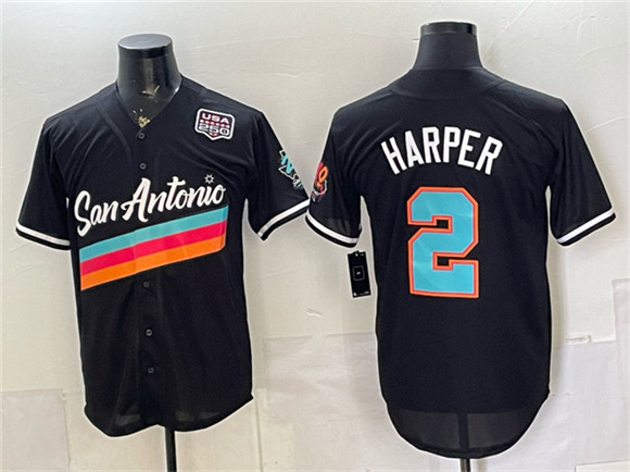Men's San Antonio Spurs #2 Dylan Harper Black USA 250' Patch City Edition Stitched Baseball Jersey