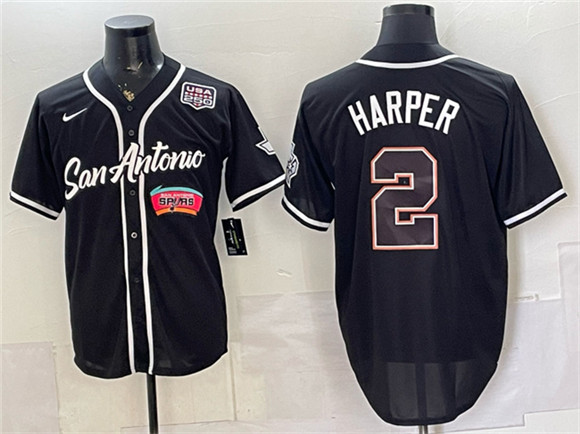 Men's San Antonio Spurs #2 Dylan Harper Black USA 250' Patch Stitched Baseball Jersey
