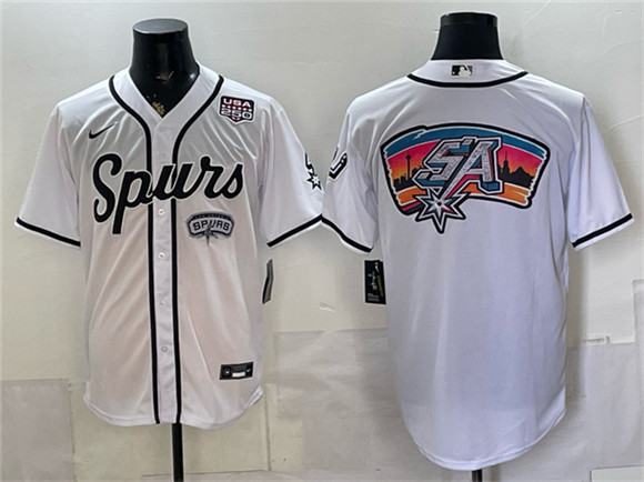 Men's San Antonio Spurs Team Big Logo White USA 250' Patch Stitched Baseball Jersey