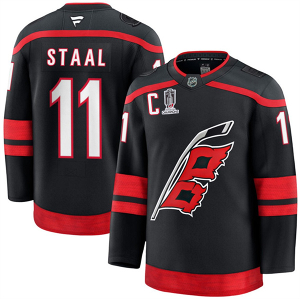 Men's Carolina Hurricanes #11 Jordan Staal Black 2026 Stanley Cup Champions And C Patch Home Stitched Hockey Jersey