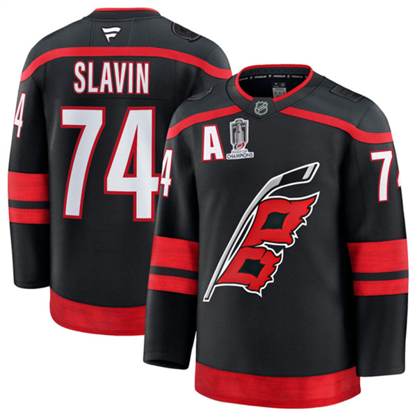 Men's Carolina Hurricanes #74 Jaccob Slavin Black 2026 Stanley Cup Champions And A Patch Home Stitched Hockey Jersey