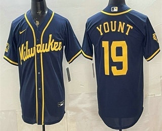 Men's Milwaukee Brewers #19 Robin Yount Navy Blue Stitched Cool Base Jersey