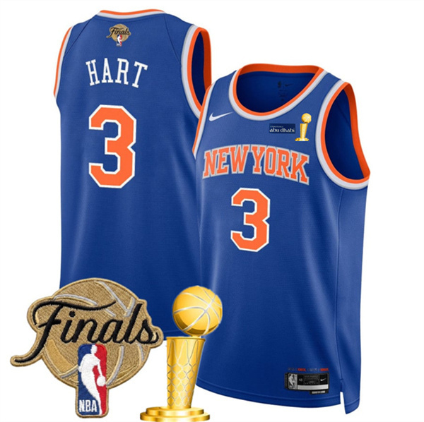 Men's New Yok Knicks #3 Josh Hart Blue 2026 Finals Patch And Finals Champions Patch Icon Edition Stitched Basketball Jersey