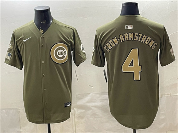 Men's Chicago Cubs #4 Pete Crow-Armstrong Olive 2026 Armed Forces Day Stitched Baseball Jersey
