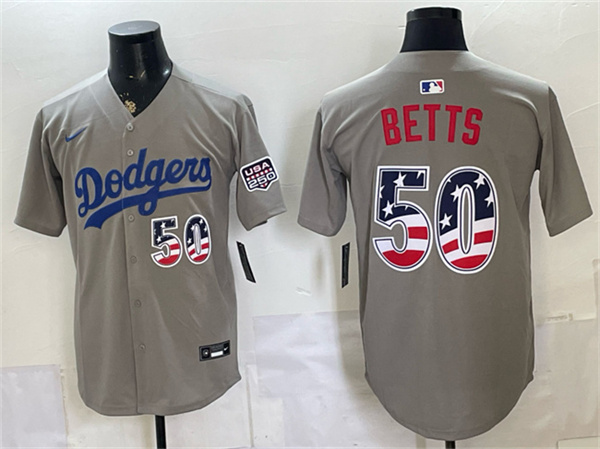 Men's Los Angeles Dodgers #50 Mookie Betts Gray 250 Fourth of July Road Stitched Baseball Jersey