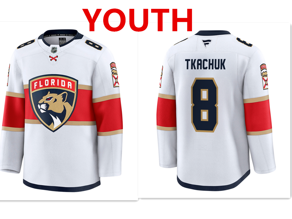 Youth Florida Panthers #8 Brady Tkachuk White Stitched Hockey away jersey