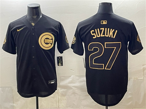 Men's Chicago Cubs #27 Seiya Suzuki Black Gold 150th Anniversary Patch Stitched Baseball Jersey