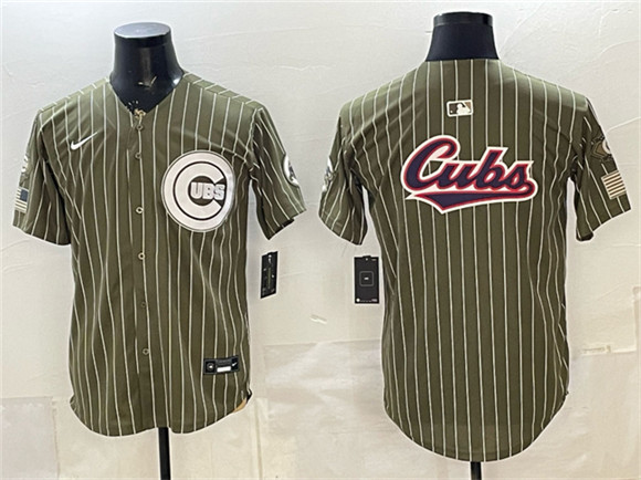 Men's Chicago Cubs Team Big Logo Pinstripe Olive 2026 Armed Forces Day Salute To Service Stitched Baseball Jersey