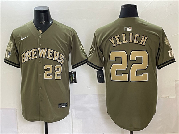 Men's Milwaukee Brewers #22 Christian Yelich Olive 2026 Armed Forces Day Stitched Baseball Jersey