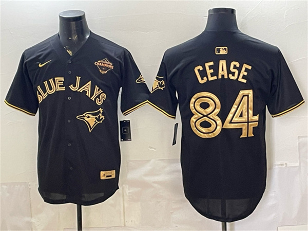 Men's Toronto Blue Jays #84 Dylan Cease Black Gold 2025 American League Champions Limited Stitched Baseball Jersey