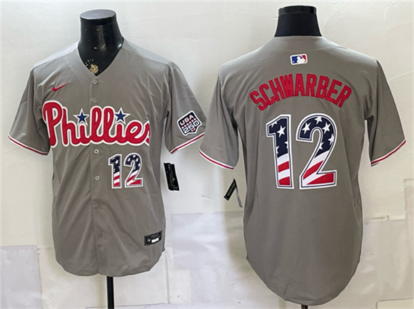 Men's Philadelphia Phillies #12 Kyle Schwarber Gray USA 250 Fourth of July Home Stitched Jersey