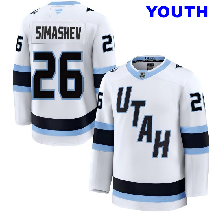 Youth Utah Mammoth #26 Dmitri Simashev Fanatics Home White Away Premium Jersey