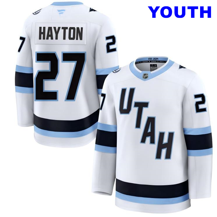 Youth Utah Mammoth #27 Barrett Hayton Fanatics Home White Away Premium Jersey