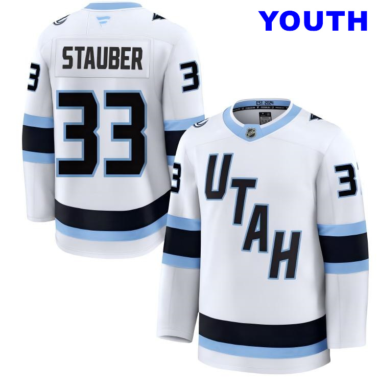 Youth Utah Mammoth #33 Jaxson Stauber Fanatics Home White Away Premium Jersey