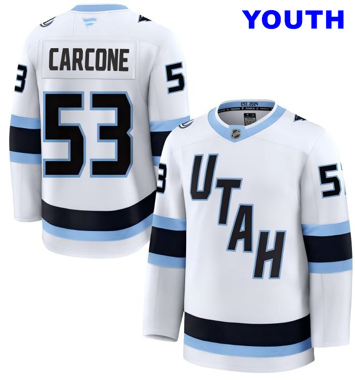 Youth Utah Mammoth #53 Michael  Carcone Fanatics Home White Away Premium Jersey