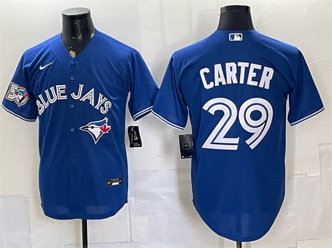 Men's Toronto Blue Jays #29 Joe Carter Royal 50 Seasons Patch Stitched Baseball Jersey