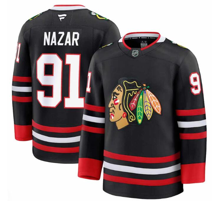 Men's Chicago Blackhawks #91 Frank Nazar Black Away Fanatics Alternate Premium Stitched Jersey
