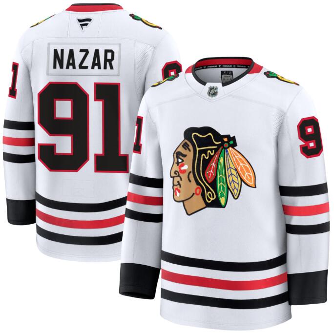 Men's Chicago Blackhawks #91 Frank Nazar White Away Fanatics Alternate Premium Stitched Jersey