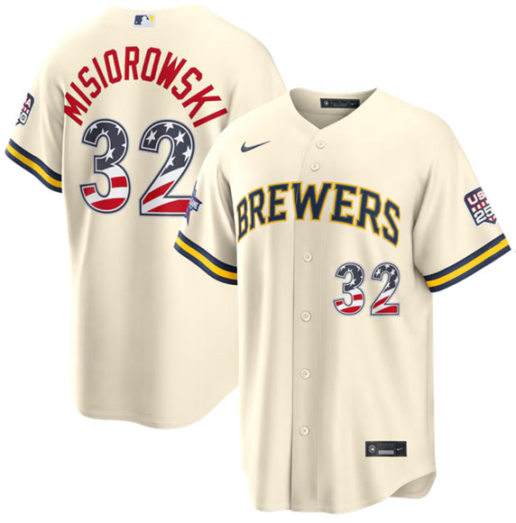 Men's Milwaukee Brewers #32 Jacob Misiorowski Cream 2026 All-Star Edition Stars & Stripes USA 250 Patch Stitched Baseball Jersey